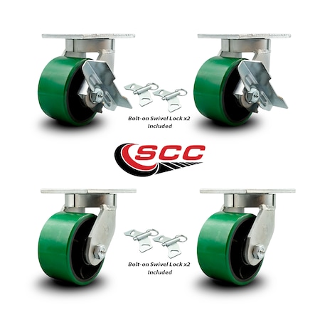 Service Caster 6 Inch Heavy Duty Green Poly on Cast Iron Caster Swivel Locks 2 Brakes, 4PK SCC-KP92S630-PUR-GB-SLB-BSL-2-BSL-2
